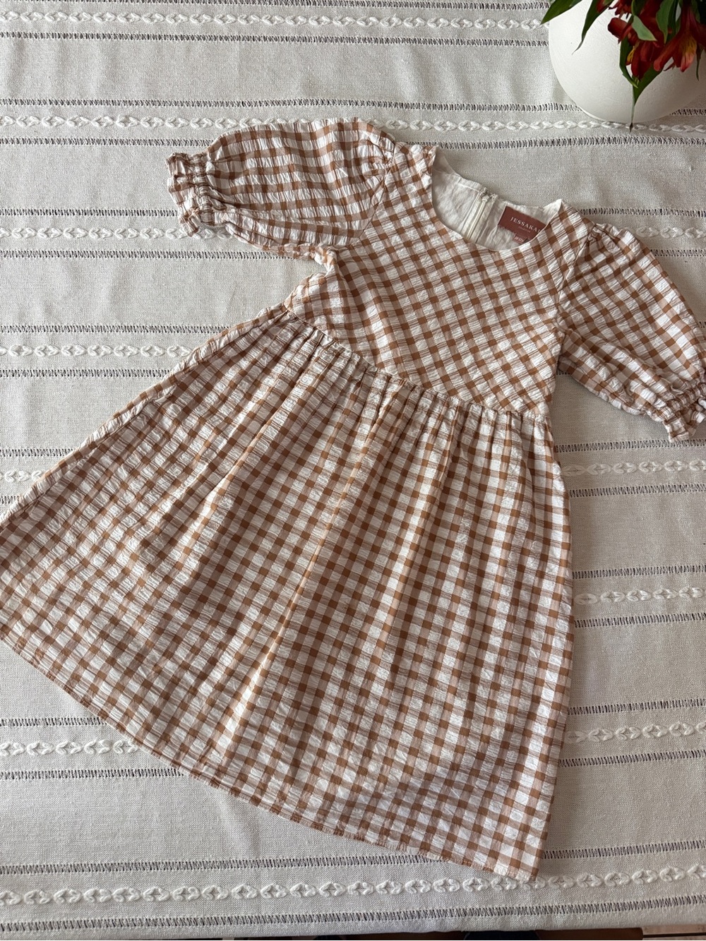 JessaKae Cream and Brown Gingham Puff-Sleeve Kids Dress Misty Maple Girls 10-12